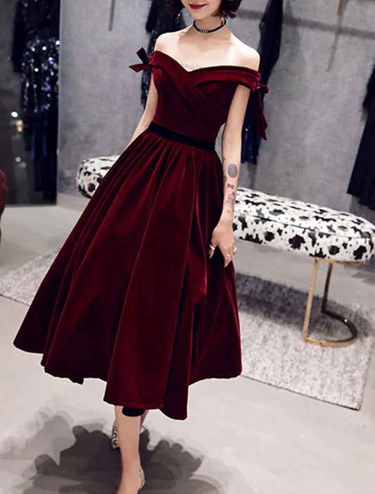 A-Line Cocktail Dresses Hot Dress Wedding Guest Cocktail Party Tea Length Short Sleeve Off Shoulder Velvet with Bow(s)