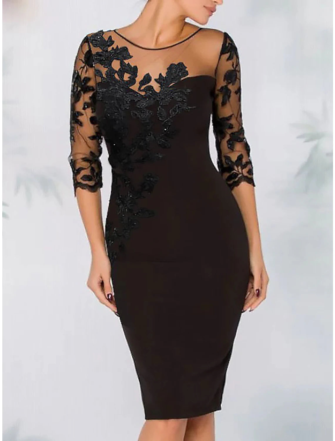 Sheath Cocktail Elegant Dress Fall Wedding Guest Dress Long Sleeve Black Dress Plus Size Midi Dress Floral Embroidery Illusion Neck With Beading Lace