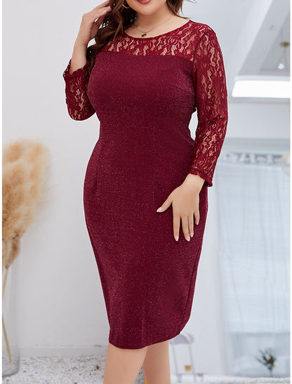 Women's Plus Size Party Dress Lace Dress Cocktail Dress Midi Dress Wine Long Sleeve Plain Lace Summer Spring Fall Crew Neck Elegant Wedding Guest Birthday Vacation