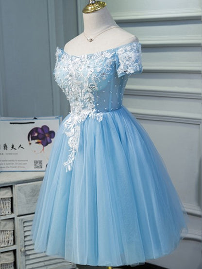 A-Line/Princess Tulle Applique Off-the-Shoulder Short Sleeves Knee-Length Dresses