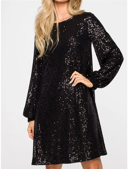 Women's Black Sequin Dress Party Dress Sparkly Dress Homecoming Dress Cocktail Dress Midi Dress Black Champagne Long Sleeve Sparkly Glitter Lace up Fall Winter Crew Neck Wedding Guest