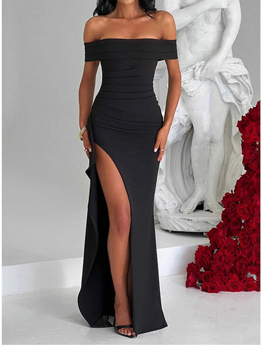 Women‘s Little Black Dress Prom Dress Party Dress Long Dress Maxi Dress Short Sleeve Split Fall Winter Off Shoulder Fashion Winter Dress Black Cocktail Dress