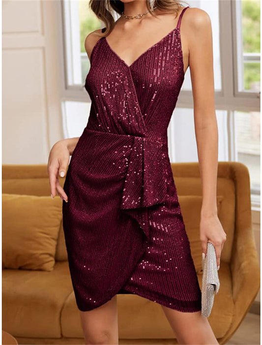 Women's Sequin Dress Party Dress Cocktail Dress Midi Dress Black Wine Gold Sleeveless Pure Color Sequins Fall Winter Autumn Spaghetti Strap Fashion Winter Dress Wedding Guest Vacation