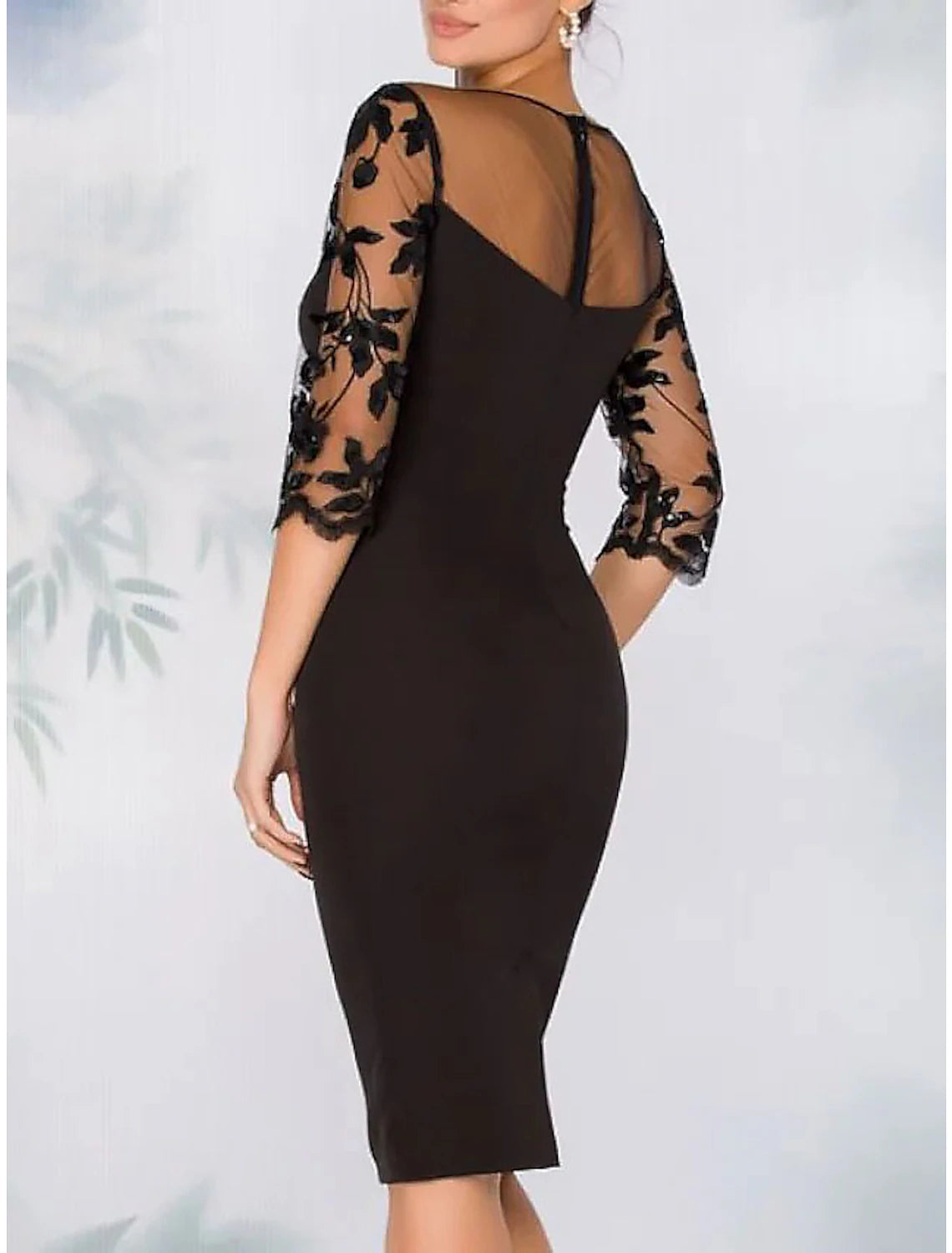 Sheath Cocktail Elegant Dress Fall Wedding Guest Dress Long Sleeve Black Dress Plus Size Midi Dress Floral Embroidery Illusion Neck With Beading Lace