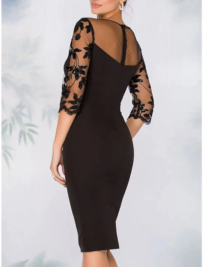 Sheath Cocktail Elegant Dress Fall Wedding Guest Dress Long Sleeve Black Dress Plus Size Midi Dress Floral Embroidery Illusion Neck With Beading Lace