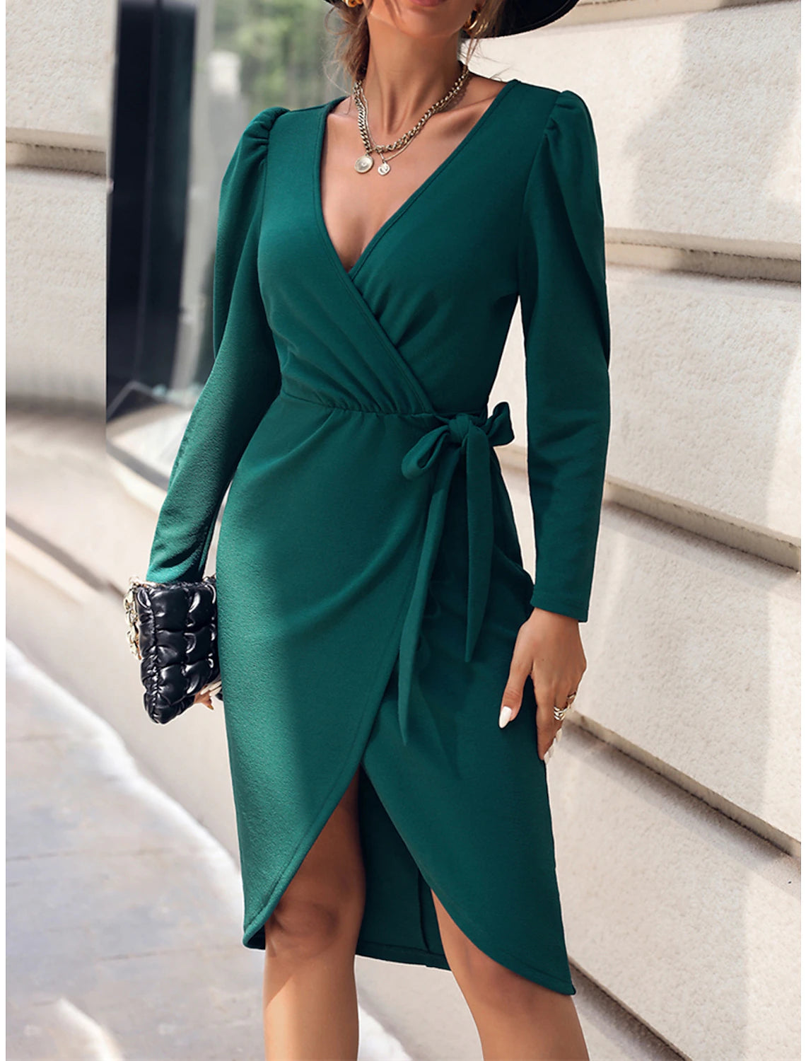 Women's Party Dress Cocktail Dress Wedding Guest Dress Midi Dress Green Long Sleeve Pure Color Lace up Spring Fall Winter V Neck Fashion Winter Dress Christmas Wedding Guest