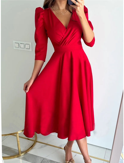 Women's Black Dress Party Dress New Year's Eve Dress Cocktail Dress Midi Dress Black Red Long Sleeve Plain Ruched Spring Fall Winter V Neck Party Winter Dress