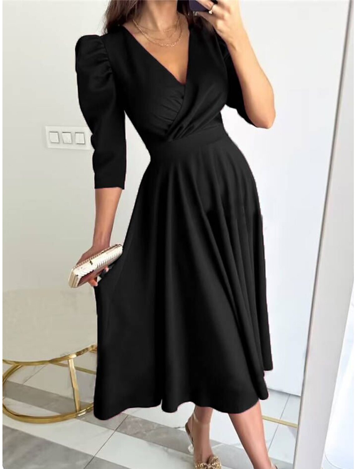 Women's Black Dress Party Dress New Year's Eve Dress Cocktail Dress Midi Dress Black Red Long Sleeve Plain Ruched Spring Fall Winter V Neck Party Winter Dress