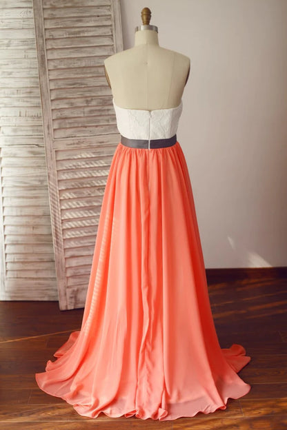 Strapless Ivory Lace Coral Chiffon Wedding Bridesmaid Dress, Sweep Train