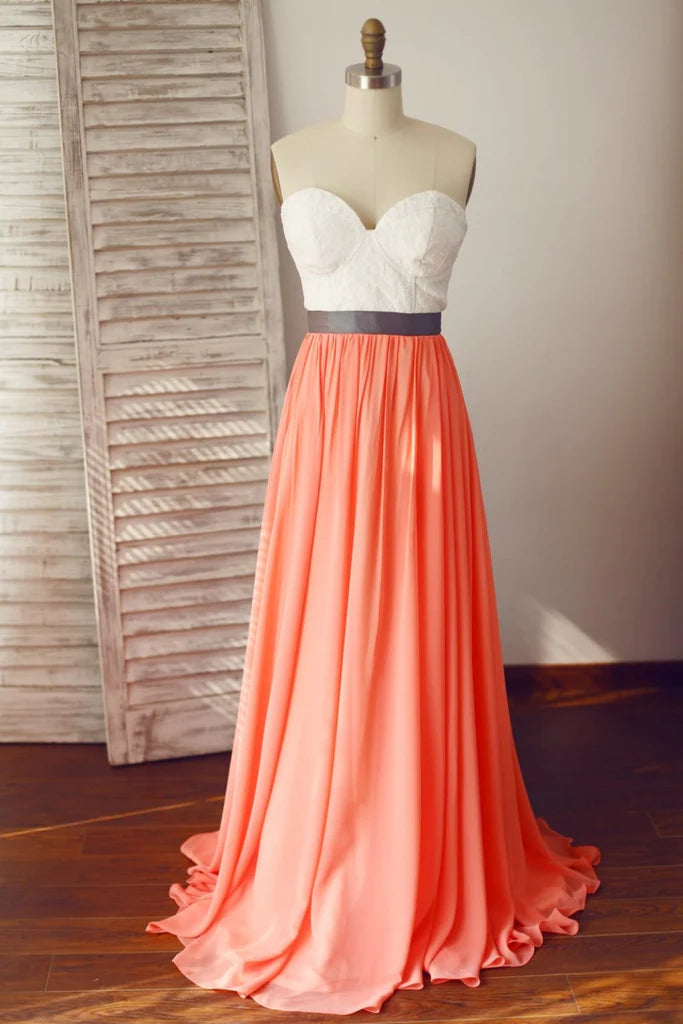 Strapless Ivory Lace Coral Chiffon Wedding Bridesmaid Dress, Sweep Train