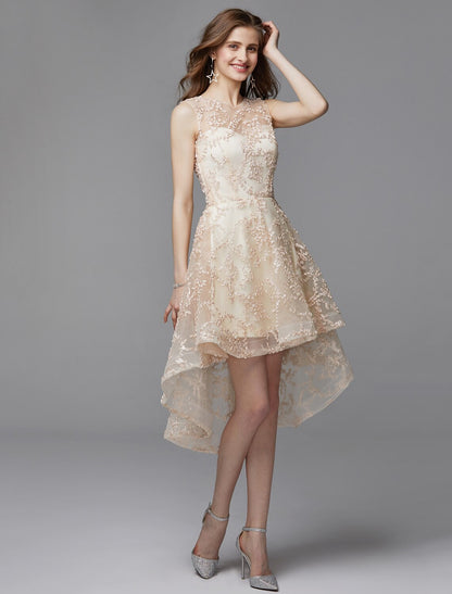 A-Line Hot Dress Wedding Guest Cocktail Party Asymmetrical Sleeveless Illusion Neck Tulle with Appliques