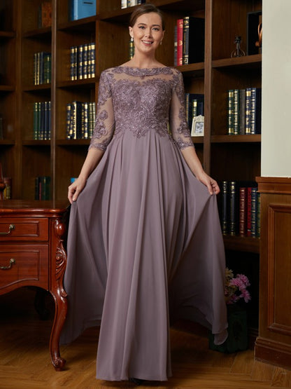 A-Line/Princess Chiffon Lace Scoop 3/4 Sleeves Floor-Length Mother of the Bride Dresses