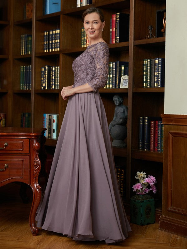 A-Line/Princess Chiffon Lace Scoop 3/4 Sleeves Floor-Length Mother of the Bride Dresses