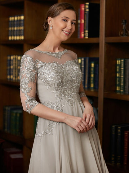 A-Line/Princess Chiffon Lace Scoop 3/4 Sleeves Tea-Length Mother of the Bride Dresses