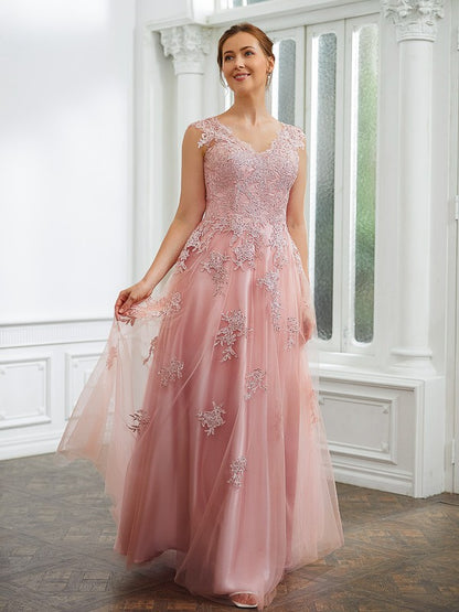 A-Line/Princess Tulle Applique V-neck Sleeveless Floor-Length Dresses