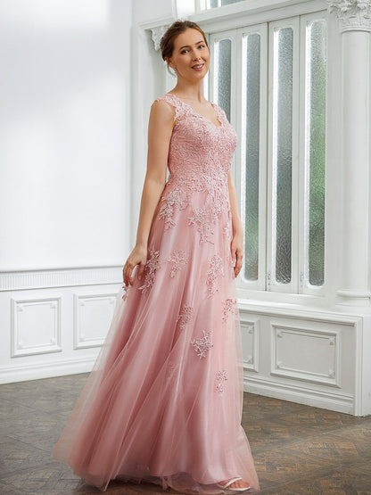 A-Line/Princess Tulle Applique V-neck Sleeveless Floor-Length Dresses