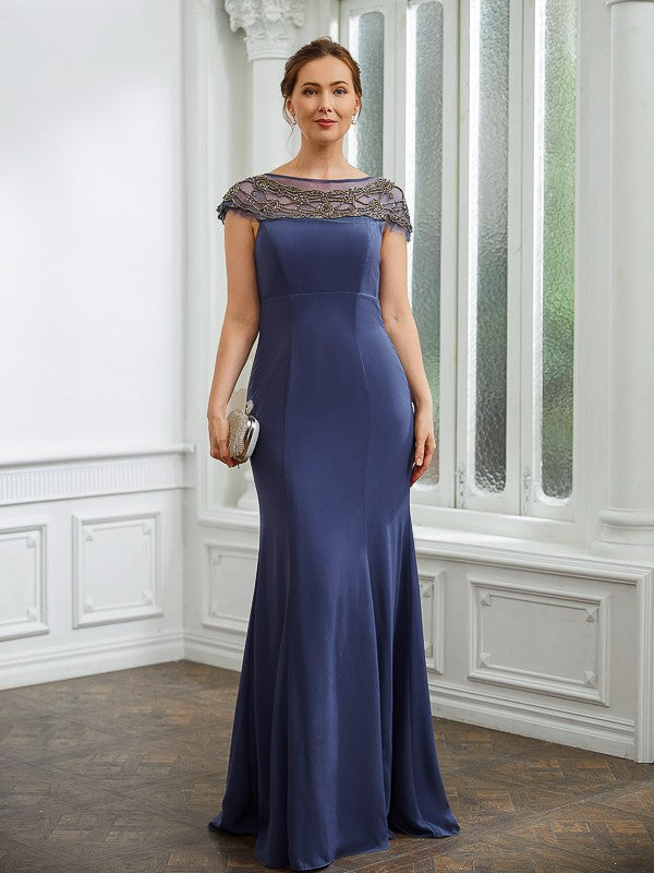 Sheath/Column Chiffon Beading Bateau Short Sleeves Floor-Length Mother of the Bride Dresses