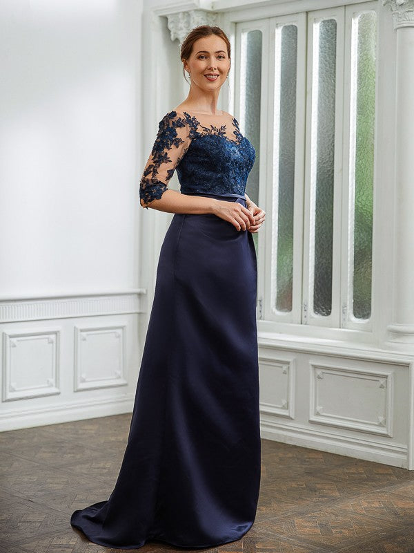 Sheath/Column Satin Applique Bateau 1/2 Sleeves Sweep/Brush Train Mother of the Bride Dresses