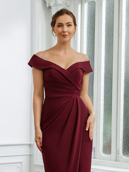 Sheath/Column Stretch Crepe Ruched Off-the-Shoulder Sleeveless Floor-Length Mother of the Bride Dresses