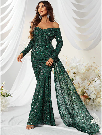 Mermaid / Trumpet Evening Gown Sparkle & Shine Dress Formal Wedding Guest Sweep / Brush Train Long Sleeve Off Shoulder Polyester with Sequin