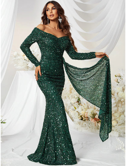 Mermaid / Trumpet Evening Gown Sparkle & Shine Dress Formal Wedding Guest Sweep / Brush Train Long Sleeve Off Shoulder Polyester with Sequin