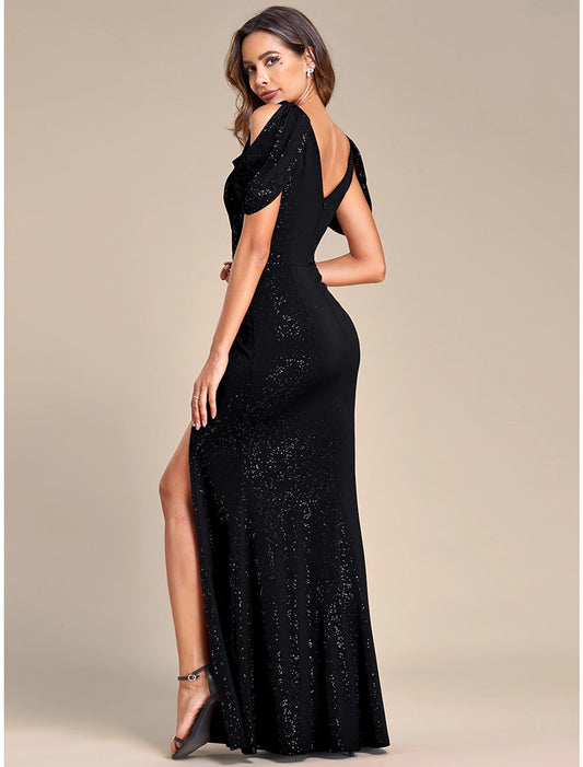 Mermaid / Trumpet Wedding Guest Dresses Sparkle & Shine Dress Formal Wedding Floor Length Short Sleeve V Neck Lace with Sequin Slit