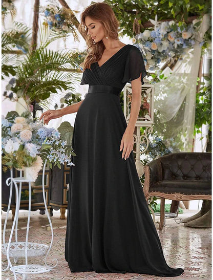 A-Line Evening Gown Party Dress Empire Dress Wedding Guest Formal Evening Floor Length Short Sleeve V Neck Bridesmaid Dress Chiffon V Back with Ruffles Pure Color