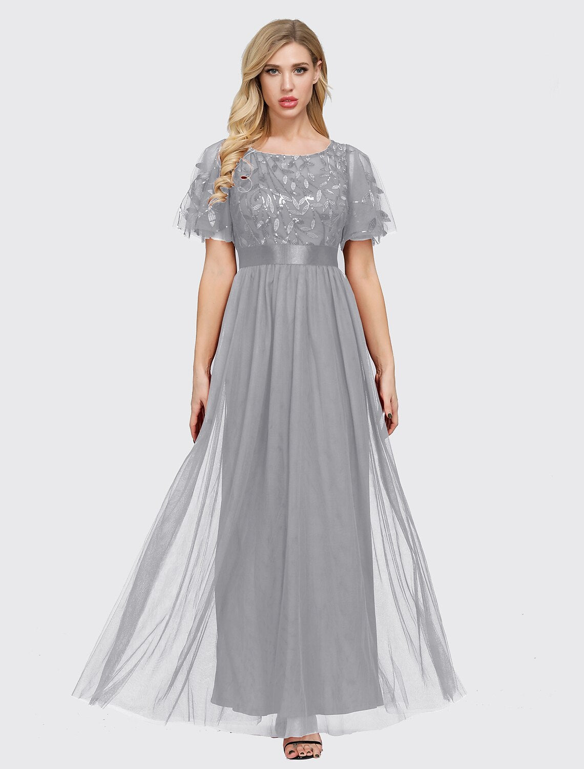 A-Line Empire Elegant Party Wear Prom Dress Jewel Neck Short Sleeve Floor Length Tulle with Embroidery / Illusion Sleeve