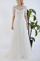 Buyishang A-Line Tulle Satin Bowed Lace Bolero Wedding Dress