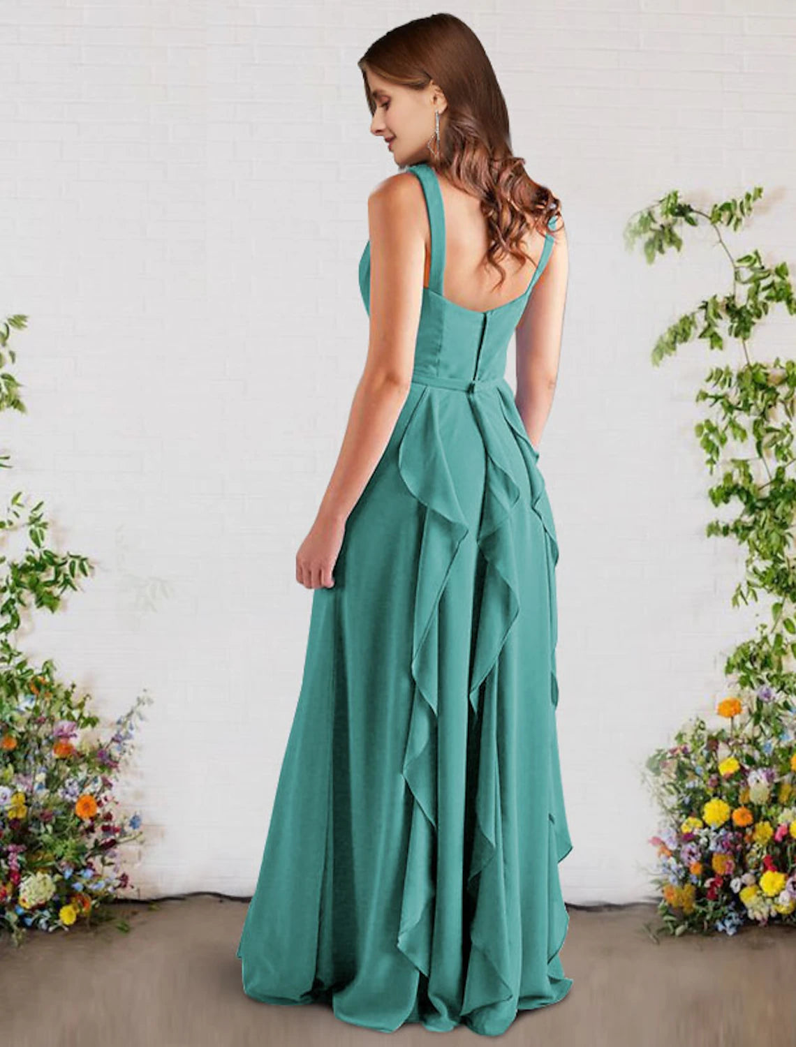 A-Line Bridesmaid Dress V Neck Sleeveless Elegant Floor Length Chiffon with Ruffles