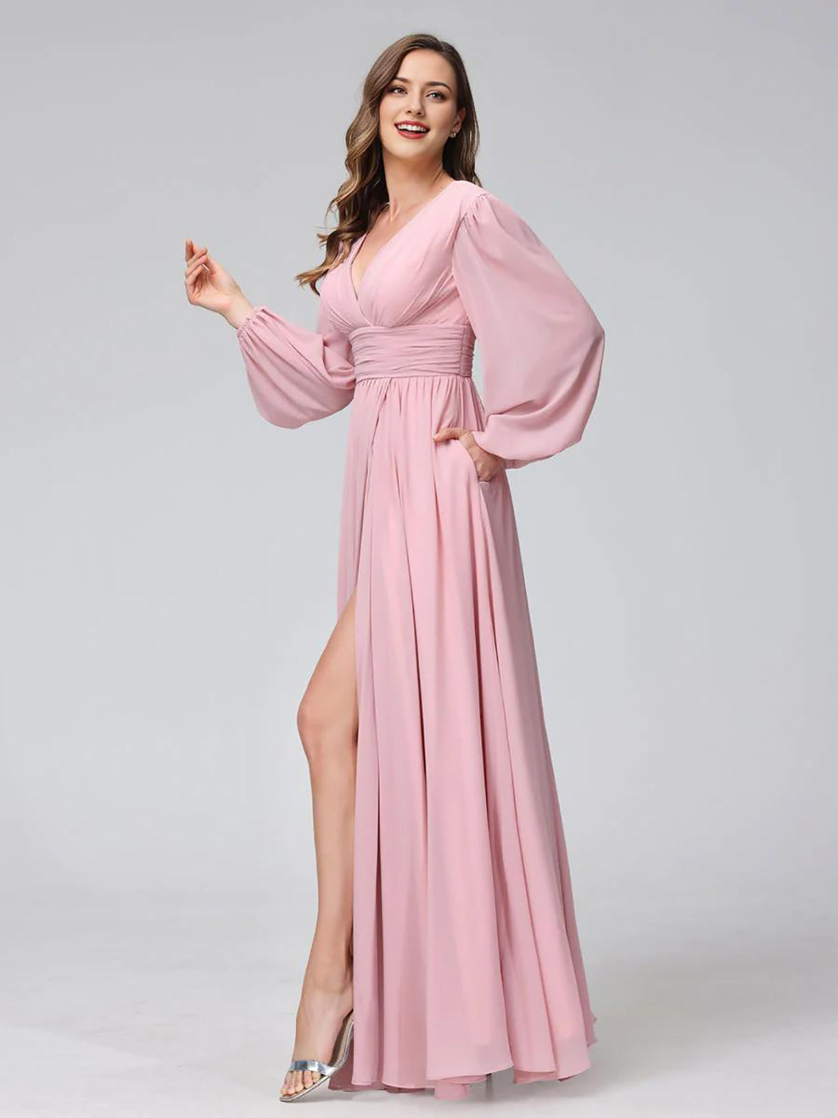 A-Line V-Neck Long Sleeves Long Chiffon Bridesmaid Dresses With Split