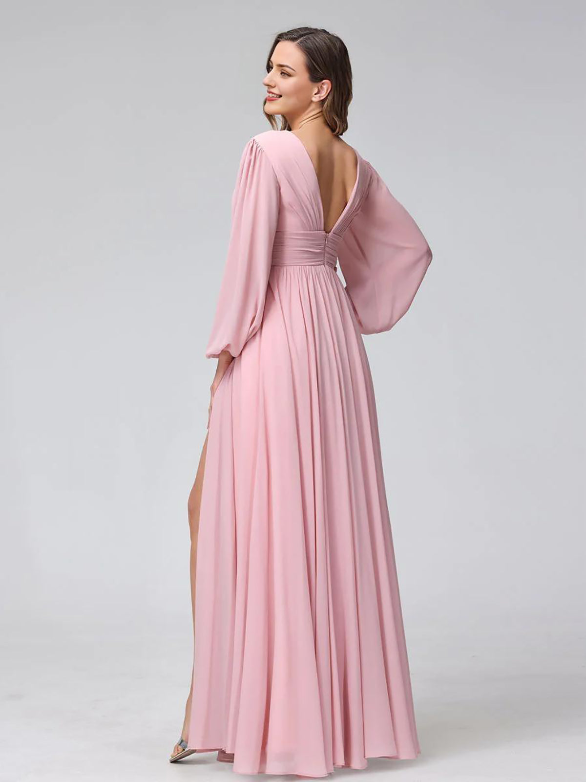 A-Line V-Neck Long Sleeves Long Chiffon Bridesmaid Dresses With Split