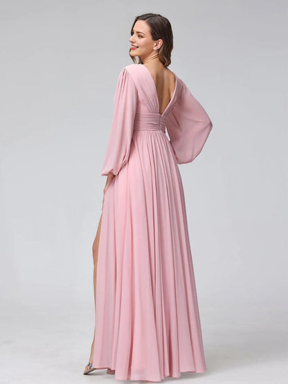 A-Line V-Neck Long Sleeves Long Chiffon Bridesmaid Dresses With Split