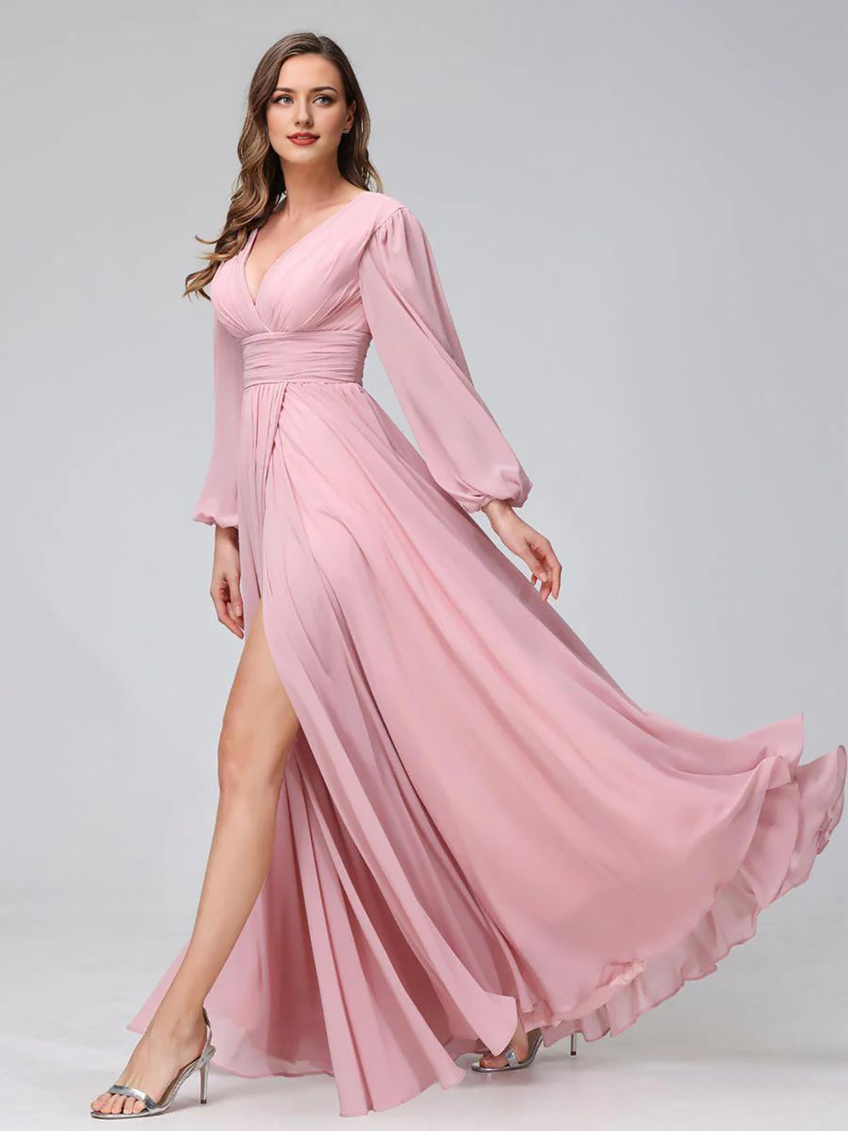 A-Line V-Neck Long Sleeves Long Chiffon Bridesmaid Dresses With Split