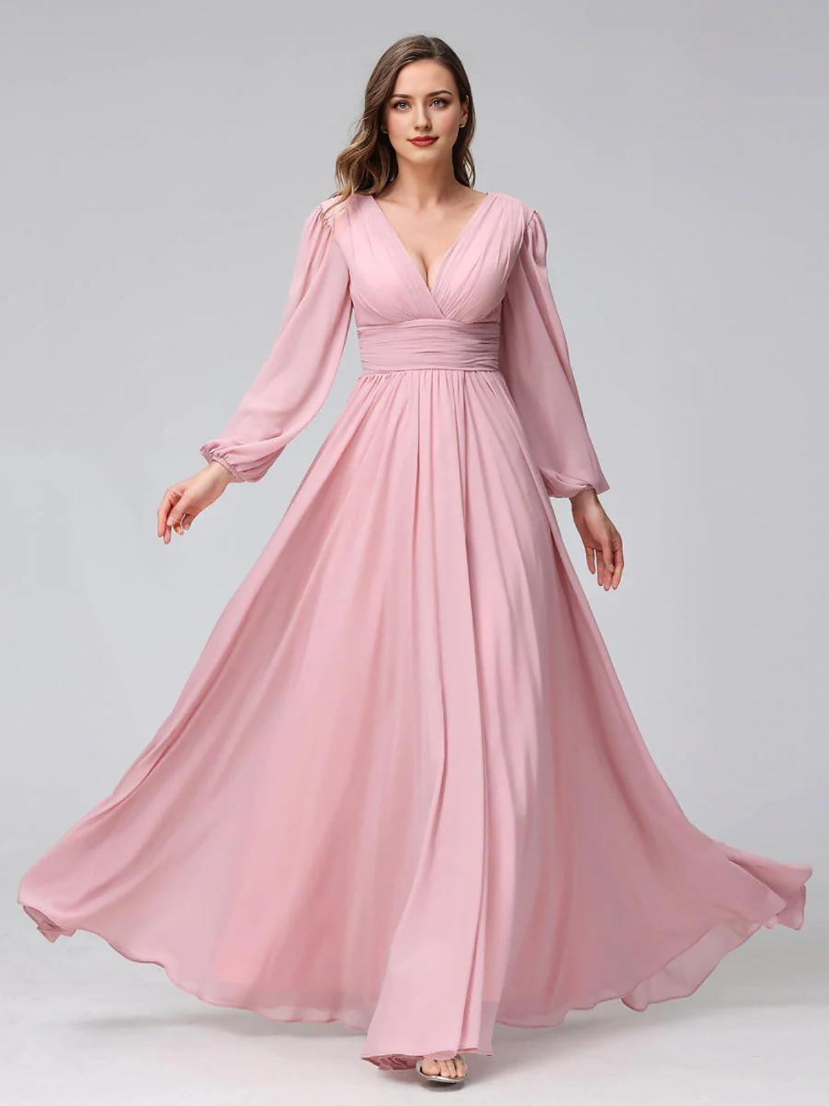 A-Line V-Neck Long Sleeves Long Chiffon Bridesmaid Dresses With Split