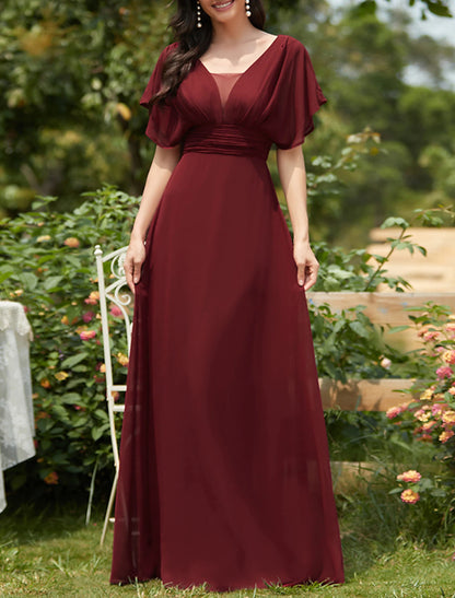 A-Line Elegant Formal Evening Dress V Neck Short Sleeve Floor Length Chiffon with Draping