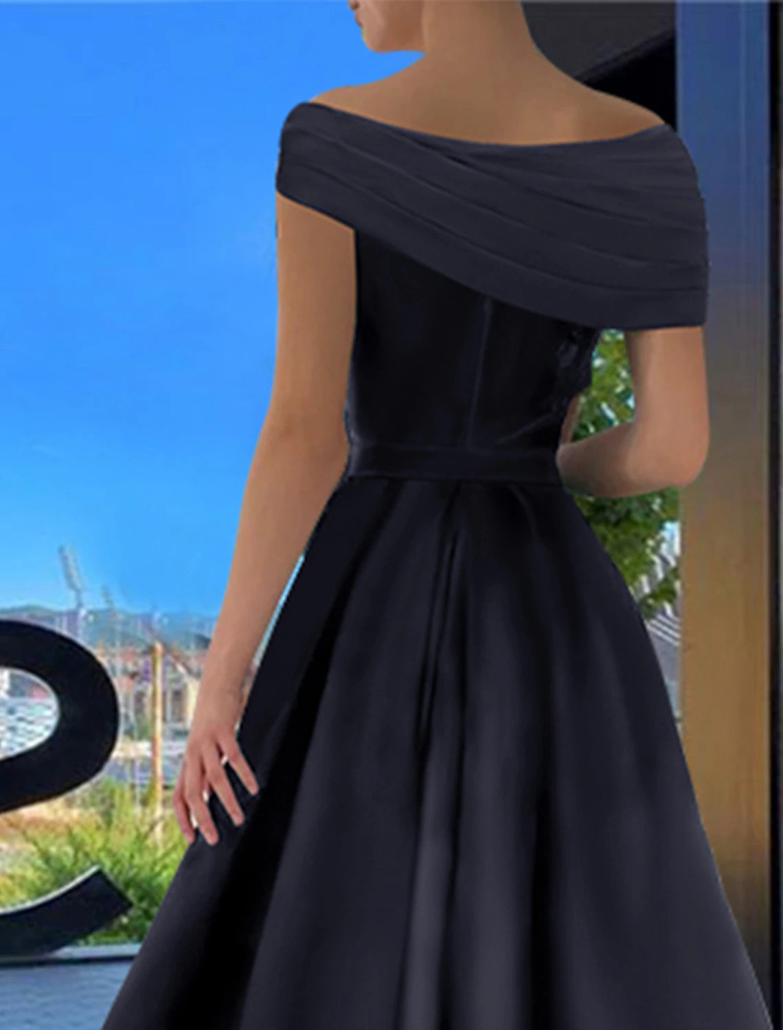 A-Line Prom Dresses Black Dress Formal Wedding Party Floor Length Short Sleeve Off Shoulder Satin with Ruched Slit