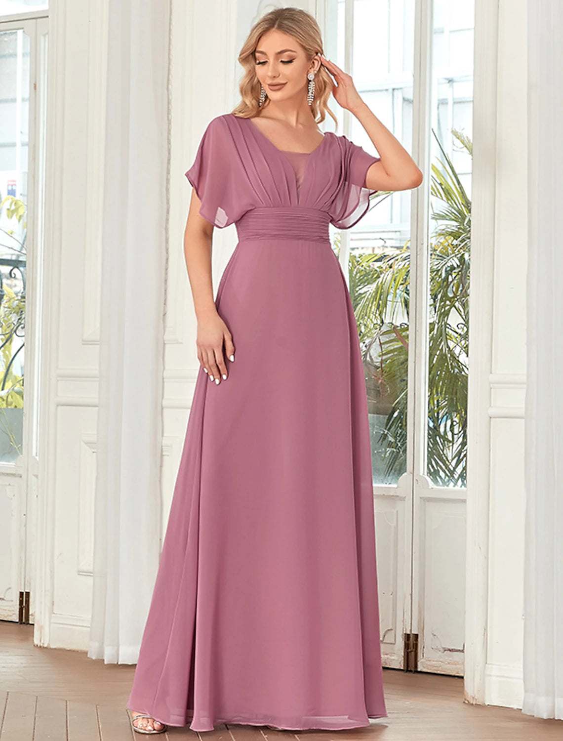 A-Line Elegant Formal Evening Dress V Neck Short Sleeve Floor Length Chiffon with Draping