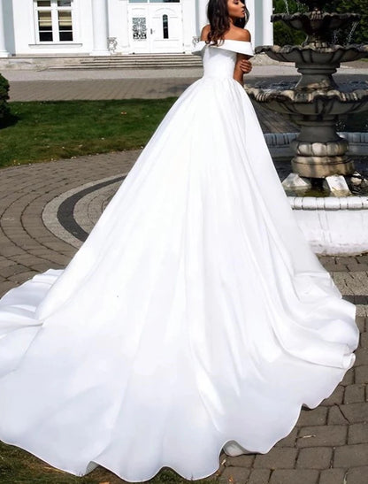 Formal Wedding Dresses Ball Gown Off Shoulder Cap Sleeve Chapel Train Satin Bridal Gowns With Pleats