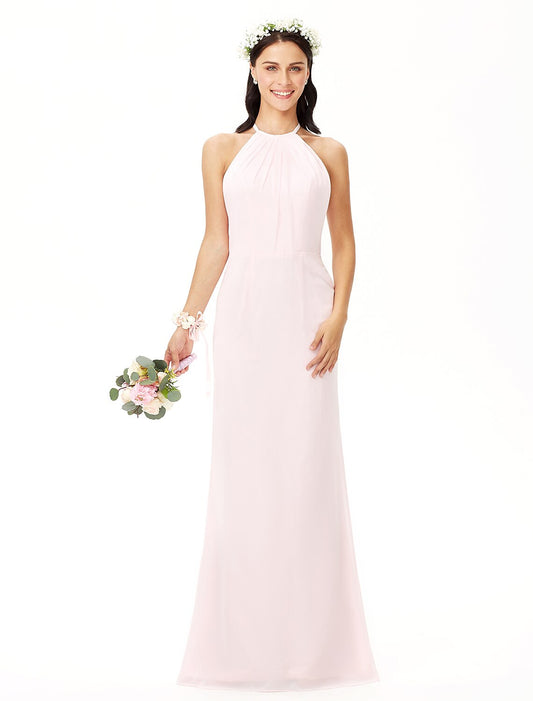 Sheath / Column Bridesmaid Dress Jewel Neck Sleeveless Elegant Floor Length Chiffon with Pleats