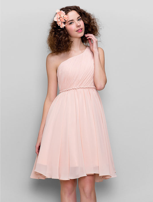 A-Line Bridesmaid Dress One Shoulder Sleeveless All Celebrity Styles Knee Length Chiffon with Side Draping