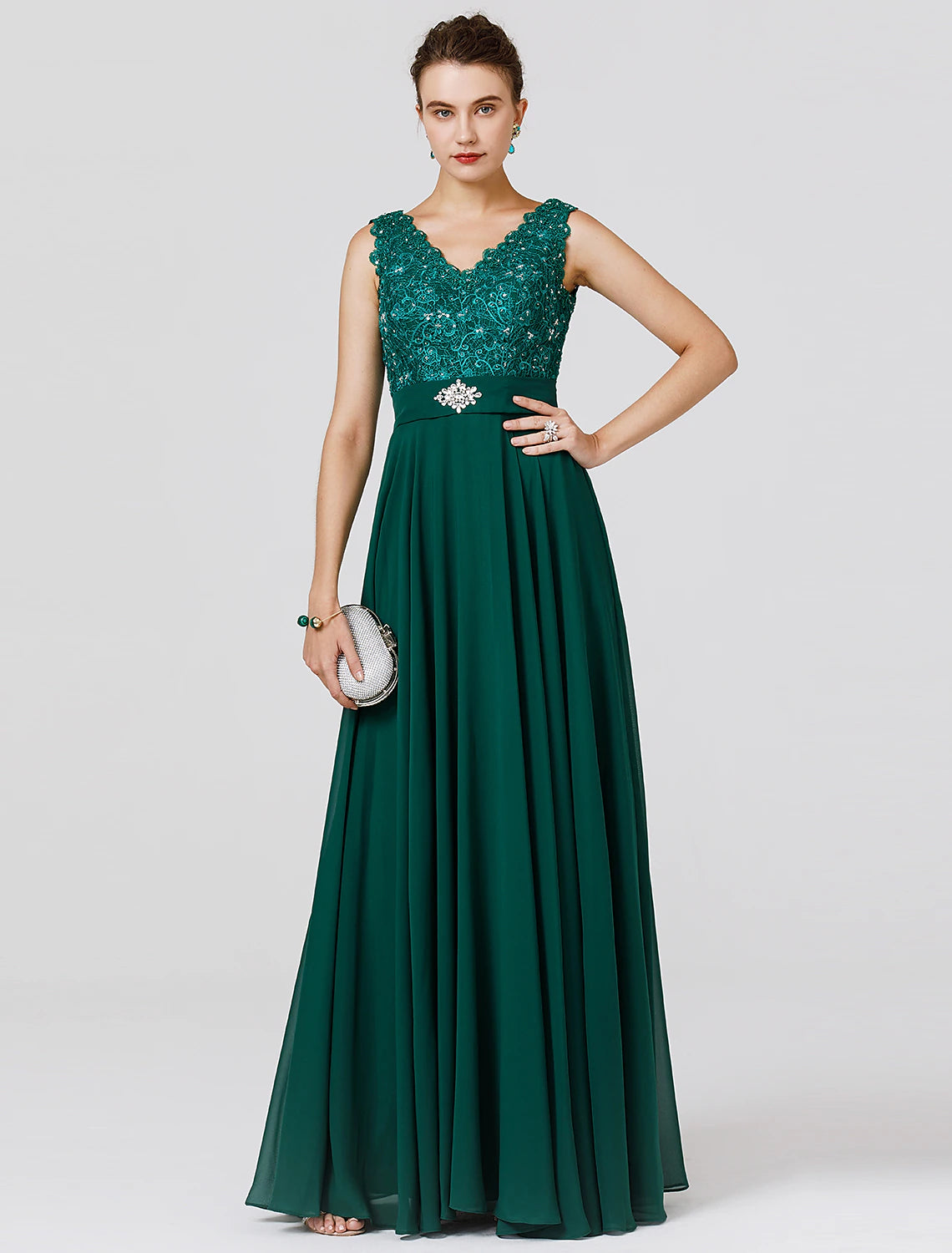 A-Line Elegant Dress Wedding Guest Formal Evening Floor Length Sleeveless V Neck Chiffon V Back with Sash / Ribbon Beading