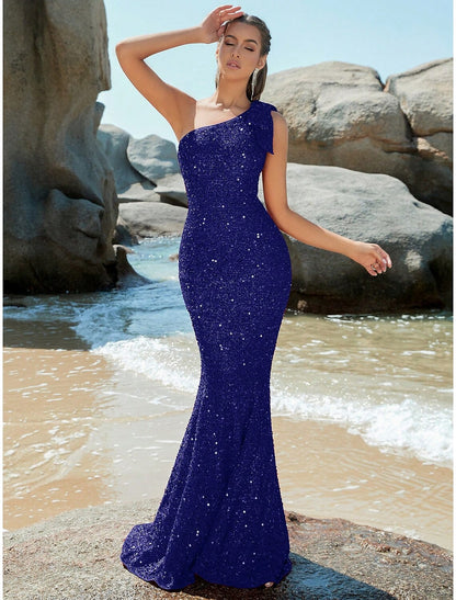 Mermaid / Trumpet Evening Gown Sparkle & Shine Dress Formal Wedding Guest Sweep / Brush Train Sleeveless One Shoulder Sequined with Glitter Shouder Flower