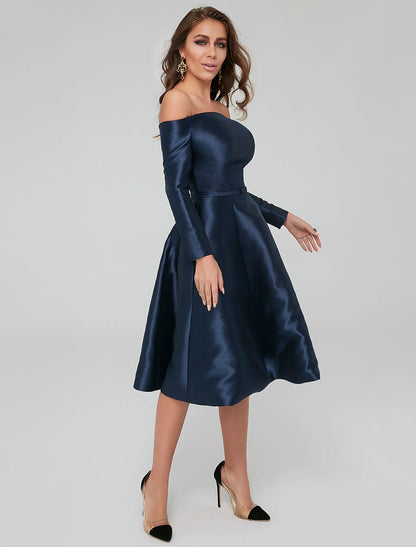 A-Line Special Occasion Dresses Party Dress Wedding Guest Cocktail Party Knee Length Long Sleeve Off Shoulder Satin with Pleats