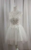 Buyishang Short V-Neck Tulle Satin A-Line Wedding Dress