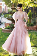 Beautiful Tulle Beaded Long Prom Dress Pink Evening Dress Party Dress