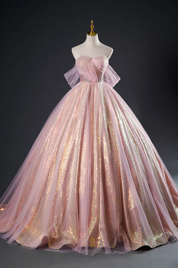 Shiny Tulle Sequins Long Prom Dress Beautiful Pink Formal Dress Sweet ...