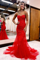 Red Strapless Lace Long Prom Dress Mermaid Evening Party Dress