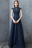 Beautiful Navy Blue Evening Dresses Blue Lace Floor Length Prom Dresses