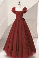 Burgundy Tulle Long A-Line Prom Dress Cute Short Sleeve Evening Dress